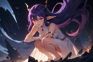 elf, elf ears, red eyes, glowing eyes, purple hair, floating hair, long hair, vampire fang, expressive face, white dress, sleeveless dress, flowing dress, looking at viewer, squatting, smirk, black armsleeves, view from front, masterpiece, anime screencap, best quality
