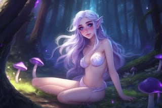 Grey-Purple skin, elf, long hair, white hair, wavy hair, flowing hair, violet eyes, cute, seductive look, expressive face, action pose, shy, elf ears, cinematic lighting, best quality, ((naked, legs open, nsfw, , small breasts, pussy)), knees_up, on_ground, scenery, mushroom forest, magic forest, neon lighting, freckles, anime style, ((Belle Delphine))
