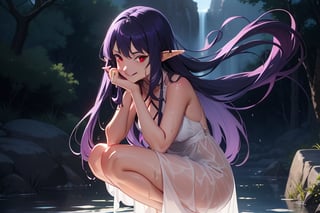elf, elf ears, red eyes, glowing eyes, purple hair, floating hair, long hair, vampire fang, expressive face, white dress, wet dress, translucent dress, sleeveless dress, flowing dress, looking at viewer, squatting, smirk, black armsleeves, view from front, masterpiece, anime screencap, best quality, upskirt, exposed pussy