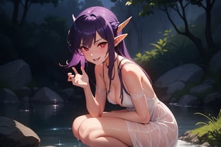 elf, elf ears, red eyes, glowing eyes, purple hair, floating hair, long hair, vampire fang, expressive face, white dress, wet dress, transparent dress, wet dress, looking at viewer, facing viewer, squatting, smirk, black armsleeves, view from front, masterpiece, anime screencap, best quality, upskirt, exposed pussy, pussy, pink pussy, nsfw, cleft of venus