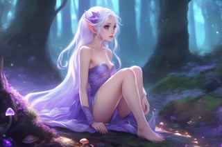 Grey-Purple skin, elf, long hair, white hair, wavy hair, flowing hair, violet eyes, cute, seductive look, expressive face, action pose, shy, elf ears, cinematic lighting, best quality, ((naked, legs open, nsfw, exposed_pussy, breasts_out, perfect nipples, small breasts, pussy)), knees_up, on_ground, scenery, mushroom forest, magic forest, neon lighting, freckles, anime style