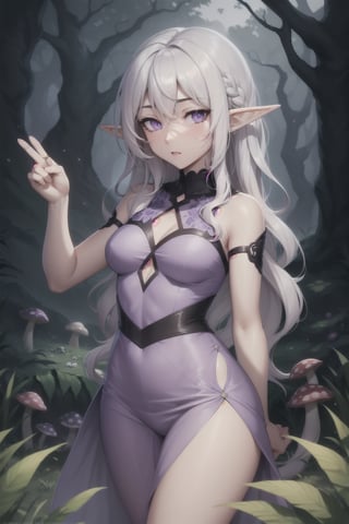 Grey-Purple skin, elf, long hair, white hair, wavy hair, flowing hair, violet eyes, cute, seductive look, expressive face, action pose, shy, elf ears, cinematic lighting, best quality, embroidered dress, scenery, mushroom forest, magic forest, neon lighting