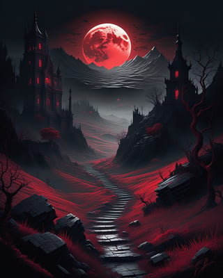 Nicolas Delort style, dark, eerie, fantasy, gothic, horror, labyrinths, cinematic lighting, crimson fog, red highlights, dark red shading, blood moon