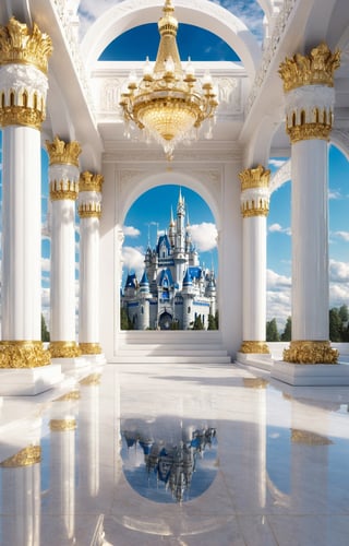 Masterpiece, full Hd , 4k , fantasy image of  Heaven , prestigious, magnificent luxury   heavenly white castle, golden pillars, sliver arts,  archangels statues all over, realism, heavenly vibe, shiny white floor , very luxurious,  magnificent architecture, 