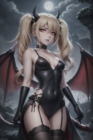 (Misa Amane), (Death Note), best quality, cinematic, neon lighting, perfect anatomy, gothic, twintails, sexy, blonde hair, glimmering hair, black and red dress, pale skin, black lipstick, spiked choker, dark eyeliner, outdoor, detailed face, detailed eyes, small boobs, cowboy shot, action pose, crimson eyes, glowing eyes, menacing aura, intimidating, red aura, red glow, dark smoke, garter, demon horns, demon tail, dragon wings, symmetrical wings, scarlet moon, blood splatter, rain, gothic castle
