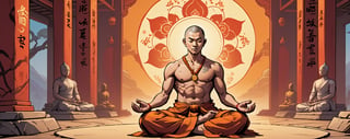 A Shaolin monk meditating, lotus position, a mandala in the background, modern comic book illustration, graphic illustration, comic art, graphic novel art, vibrant, highly detailed, in the style of lanfeust of troy, art by Didier Tarquin