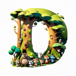 Forest design, trees, animals, design for t-shirt printing, cartoons, 3D model, concept, disney pixar style, high resolution, highly detailed, 16k, ultra realistic