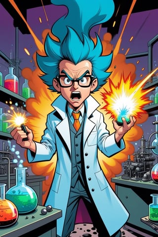 cartoonish style, a mad scientist making explosive experiences in a laboratory, highly detailed, well rendered, (caricature:0.8), comic book, vibrant