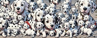 Lots of cute baby Dalmatians climbing on each other, highly detailed, well rendered, comic book