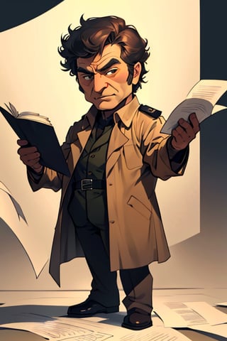 Male, (masterpiece), (((Lieutenant Columbo))), detective, chibi, holding a paper, brown eyes, brown hair, (old and rumpled beige raincoat), American, (50yo), full body shot, detective office