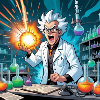 cartoonish style, a mad scientist making explosive experiences in a laboratory, highly detailed, well rendered, (caricature:0.8), comic book, vibrant