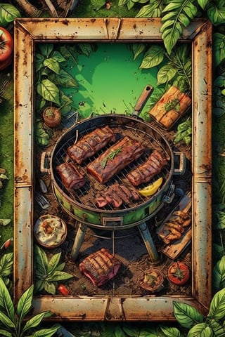 bbq party flyer barbecue flyer,poster of barbecue party,jungle,forest,jungle frame,(frame made of green plants:1.3),(RAW photo,best quality,realistic,photo-Realistic,bright and intense:1.3)(HDR,high contrast,vibrant color:1.4),masterpiece,beautiful and aesthetic,cinematic lighting,exquisite details and textures,ultra realistic,siena natural ratio,ultra hd,vivid colors,highly detailed,UHD drawing,perfect composition,beautiful detailed,intricate insanely,Comic Book-Style 2d