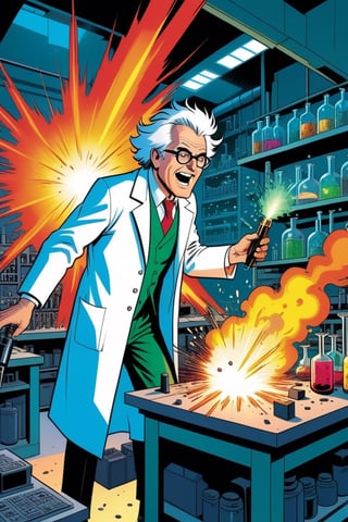 an old mad scientist making explosive experiences in a laboratory, modern comic book illustration, graphic illustration, comic art, graphic novel art, vibrant, highly detailed, in the style of lanfeust of troy, art by Didier Tarquin