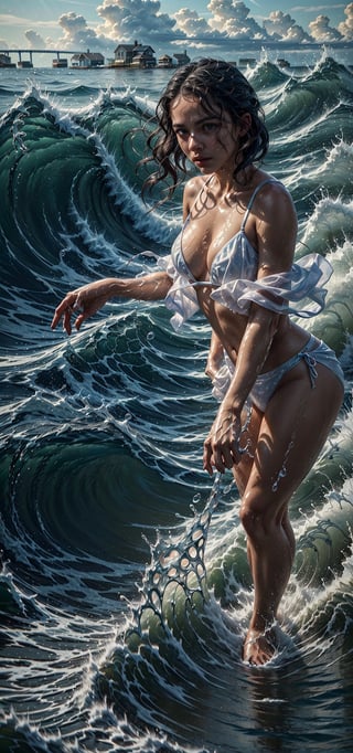(masterpiece), (best quality),(extremely intricate), (sharp focus), (award winning), (cinematic lighting),1 girl, on the edge of a lake, behind a fishing village, learns to control the water, the water is rough, there are waves of water, splashes of water, waves of water that move following the hands of the girl, ,hydr0mancer
