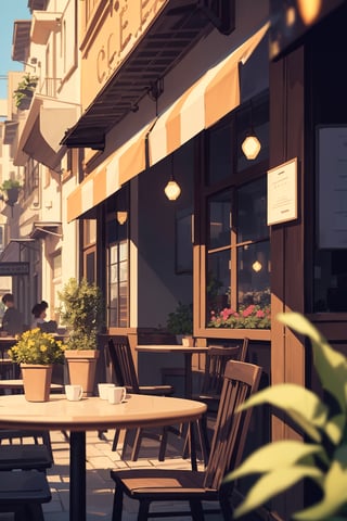 ((extremely detailed 8k illustration)), highres, (extremely detailed and beautiful background), ultra detailed painting, professional illustrasion, Ultra-precise depiction, Ultra-detailed depiction, (beautiful and aesthetic:1.2), HDR, (depth of field:1.4), beautiful detailed, (intricate:1.2), 
envision a cafe terrace situated on a city corner. Illustrate a tranquil café exterior with tables, chairs, adorned with flowers and green potted plants. create an illustration focusing on the café ambiance and the building's exterior, 