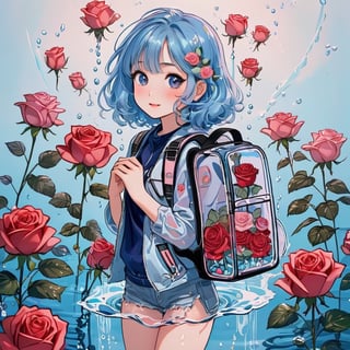 a cute 1girl is wearing a glass backpack filled with roses in the water with sequins and giggles, cold colors, art, ohwx style
