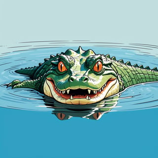 Alligator emerging from water, telephoto lens (in the combined style of Mœbius and french comics), (minimal vector:1.1), simple background,s4lma,