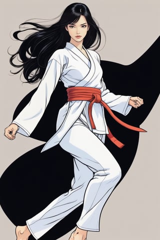 (in the combined style of Mœbius and french comics), (minimal vector:1.1), medium shot of woman, ((full body)), black eyes, black long hair, 21 years old, related background, wearing karate costume, ,DonMM1y4XL,raiden shogun