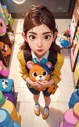 masterpiece, solo, best quality, high detailed, colorful, from above, solo, realistic, girl standing in a store with lots of stuffed animals on the shelves and a bag of stuff, hazel eyes, fisheye lens
,perfect,