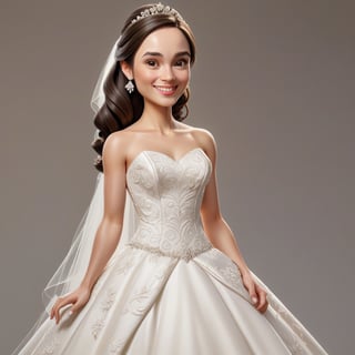 Create a realistic 3D woman, caricature, 3D oil painting caricature, wearing ( wedding dress), resembling, (random contrast) solid background, medium shot, masterpiece 
