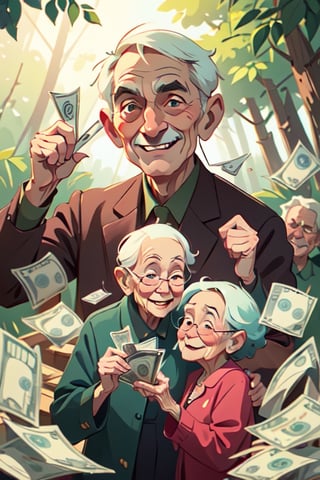 (illustration of some old people hold of money eith both hand, happy face), background at the forest, looked from medium, art by Atey Ghailan,masterpiece