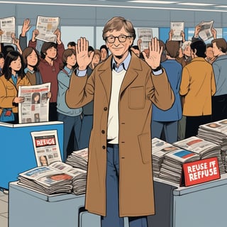 illustration of young Bill Gates wearing casual clothes with brown long coat, white t shirt, ((both hands up at chest show  sign refuse)), standing at newspaper vendor in new york airport in 1975, full body, (looked from medium), art by Atey Ghailan, masterpiece, perfect anatomy,(cute comic)