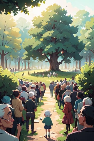 (illustration of crowd old people bring money), background at the forest, looked from afar, art by Atey Ghailan,masterpiece
