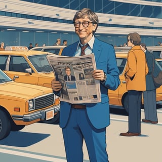illustration of bill gates hold newspaper, standing at corner of new york airport in 1975, full body, (looked from medium), art by Atey Ghailan, masterpiece, perfect anatomy,(cute comic)
