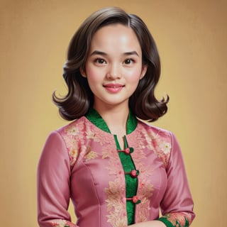 Create a realistic 3D ch3ls3a, chelsea islan, woman, caricature, 3D oil painting caricature, wearing (kebaya), resembling, (random contrast) solid background, medium shot,