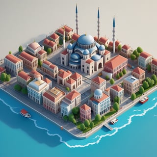 cute 3D isometric model of istanbul city | blender render engine niji 5 style expressive,3d isometric,3d style,