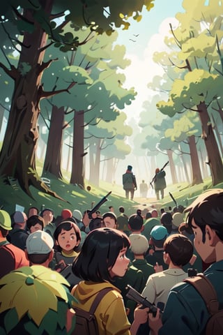 (illustration of crowd people bring the guns ), background at the forest, looked from afar, art by Atey Ghailan,masterpiece,