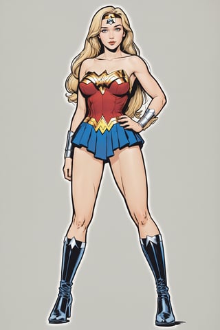 (in the combined style of Mœbius and french comics), (minimal vector:1.1), medium shot of woman, ((full body)), black eyes, blonde hair, 21 years old, related background, wearing wonder woman costume, s4lma ,DonMM1y4XL