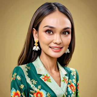 Create a realistic 3D lun4, luna maya, woman, caricature, 3D oil painting caricature, wearing (kebaya), resembling, (random contrast) solid background, medium shot,