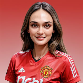 Create a realistic 3D lun4, luna maya, woman, caricature, 3D oil painting caricature, wearing (female manchester united jersey), resembling, (random contrast) solid background, (medium full shot),