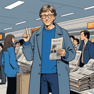 illustration of young Bill Gates wearing casual clothes with grey long coat, blue t shirt, hold newspaper, another hand show one sign with index finger, standing at newspaper vendor in new york airport in 1975, full body, (looked from medium), art by Atey Ghailan, masterpiece, perfect anatomy,(cute comic)