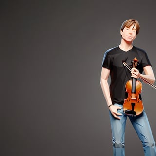 illustration of JOSHUA BELL wearing black t shirt, blue denim jeans,  simple background, playing violin, masterpiece, perfect anatomy, full body, 