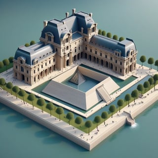 cute 3D isometric model of louvre museum | blender render engine niji 5 style expressive,3d isometric,3d style,