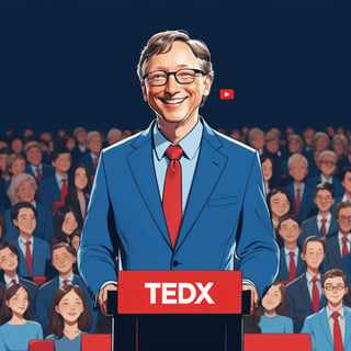 illustration of Bill Gate who was on the podium, looked at the audience smiling, background at the tedx, wearing suit,Blue shirt, red tie, (looked from medium), art by Atey Ghailan, masterpiece, perfect anatomy,(cute comic)