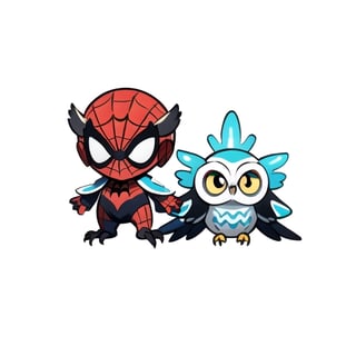 centered, ((solo)), digital art, full body, | ((cute of owl)), chibi, black and blue sky futuristic, neon lights, | (white background:1.2), simple background, | (symetrical), Animal, (use spiderman costume)