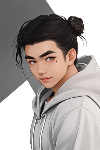 Young guy with a Bun-style black hair, brown eyes, wearing a white hoodie, with a somewhat pale skin tone, and a more European facial appearance, with a mole on the left side of the chin, and slightly thick eyebrows,adjie