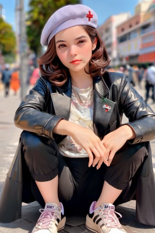 1 girl,
curl inside hair,
(detailed face), detailed defined body,
(photo realistic:1.3), RAW photo, ultra high res, absurdres, ultra detailed,
35mm photograph, film, bokeh, professional, 8k, highly detailed, best quality,
blouse, short jacket, pants, sneakers, beret,
Sitting Cross-legged,ch3ls3a