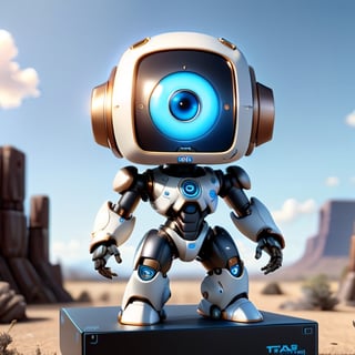 centered, ((solo)), digital art, full body, | cute of Cyclops robot with box head ,3d, Pixar render, unreal engine cinematic smooth, intricate detail, cinematic, chibi, black and blue sky futuristic, neon lights, | (white background:1.2), | (symetrical), glowing eyes,Monster,mecha,robot