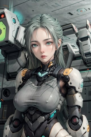 shodanSS_soul3142, 1girl, solo, green eyes, glowing eyes, robot joints, long hair, looking at viewer, glowing, green hair, grey skin, android, colored skin,sagging breasts,SAM YANG,wul4n