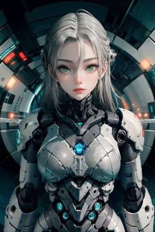 shodanSS_soul3142, 1girl, solo, green eyes, glowing eyes, robot joints, long hair, looking at viewer, glowing, green hair, grey skin, android, colored skin,sagging breasts,SAM YANG,c3ln