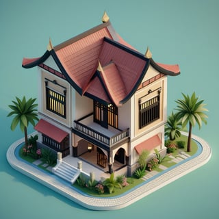 cute 3D isometric model of gadang house west sumatera | blender render engine niji 5 style expressive,3d isometric,3d style,