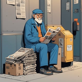 illustration of newspaper deliveryman, old man, sit at corner of new york airport in 1975, full body, (looked from medium), art by Atey Ghailan, masterpiece, perfect anatomy,(cute comic)
