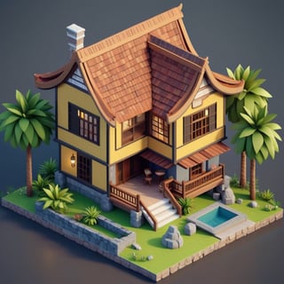 cute 3D isometric model of rumah  joglo | blender render engine niji 5 style expressive,3d isometric,3d style,