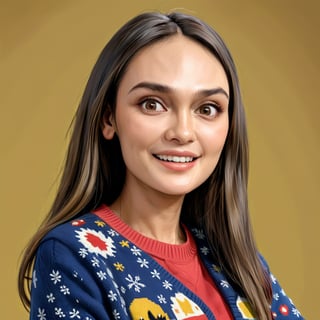 Create a realistic 3D lun4, luna maya, woman, caricature, 3D oil painting caricature, wearing (sweater), (medium shot), resembling, (random contrast) solid background,