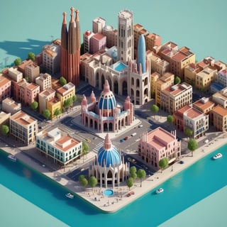 cute 3D isometric model of barcelona city | blender render engine niji 5 style expressive,3d isometric,3d style,