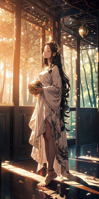 A fairy with closed eyes, long hair to the floor, barefoot, white skin, leaf-textured forest dress, holding a round transparent ball, forest background, low indirect lighting, cinematic, full_body,gheayoubi